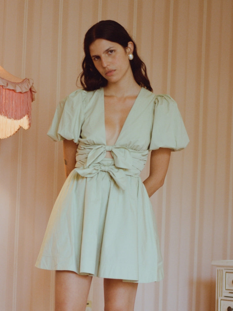 Pistachio Bow Puff Sleeve Mini Dress