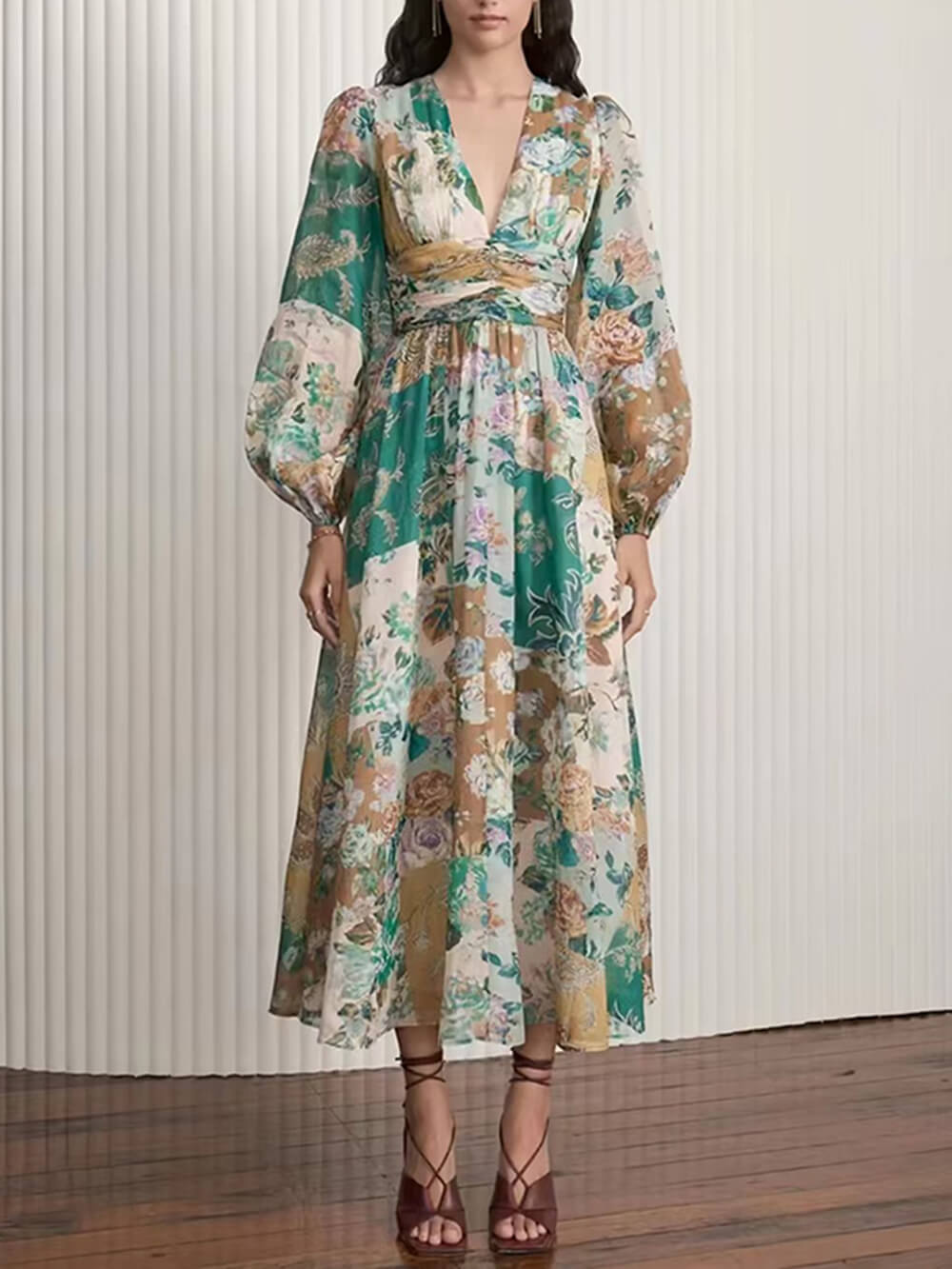 Artistic Elegance - Hand-Painted V-Neck Midi Dress