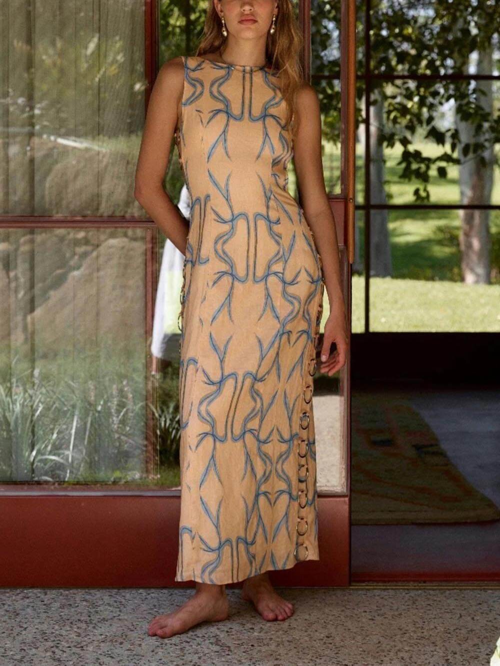 Amelia - Printed Hoop-Embellished Midi Dress