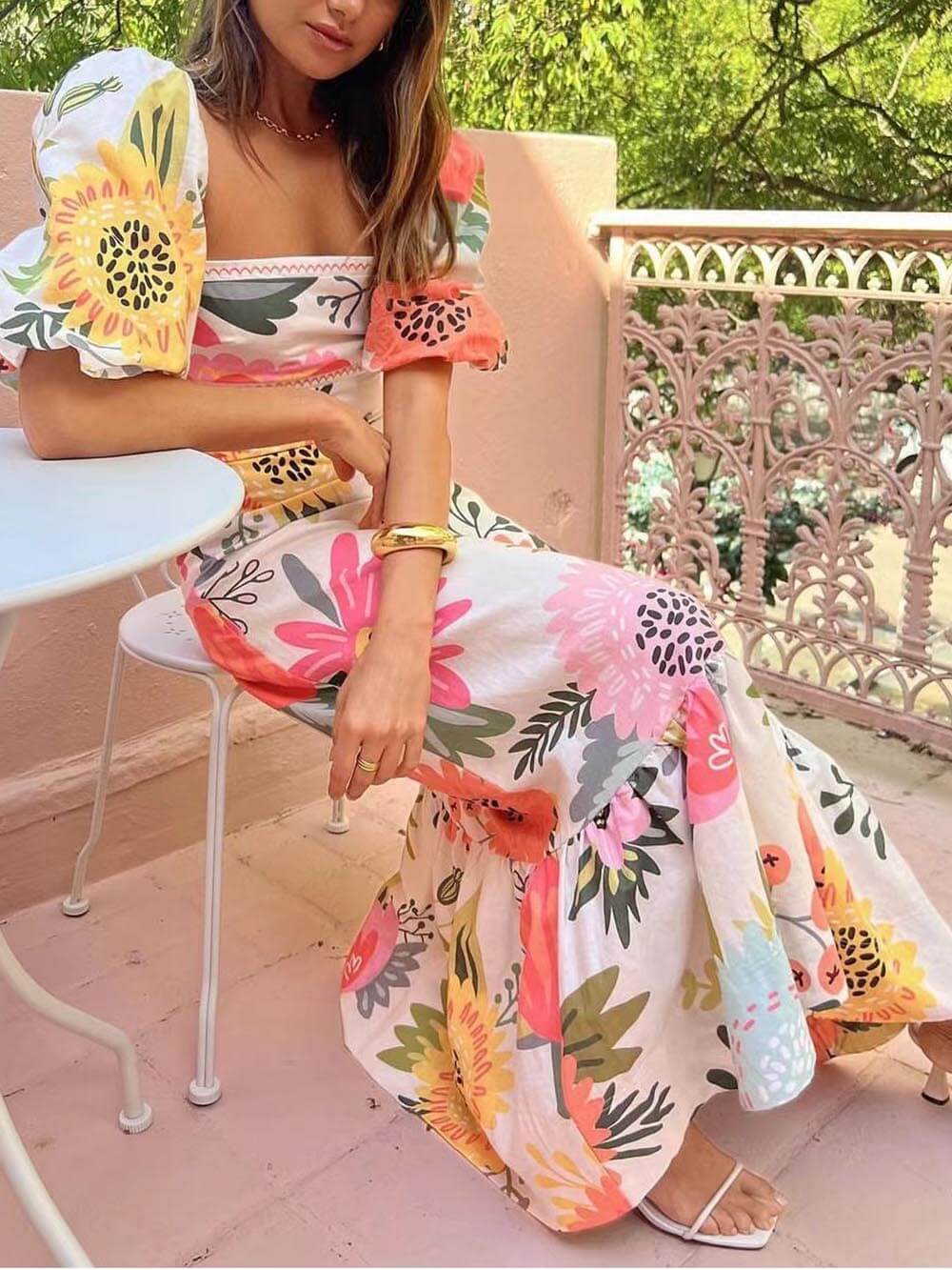 Floral Charm - Square Neck Bubble Sleeve Maxi Dress