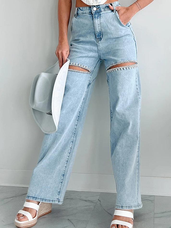 Crystal Chic Distressed Straight-Leg Statement Jeans