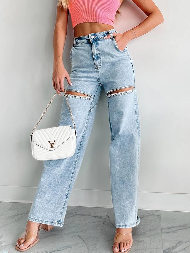Crystal Chic Distressed Straight-Leg Statement Jeans