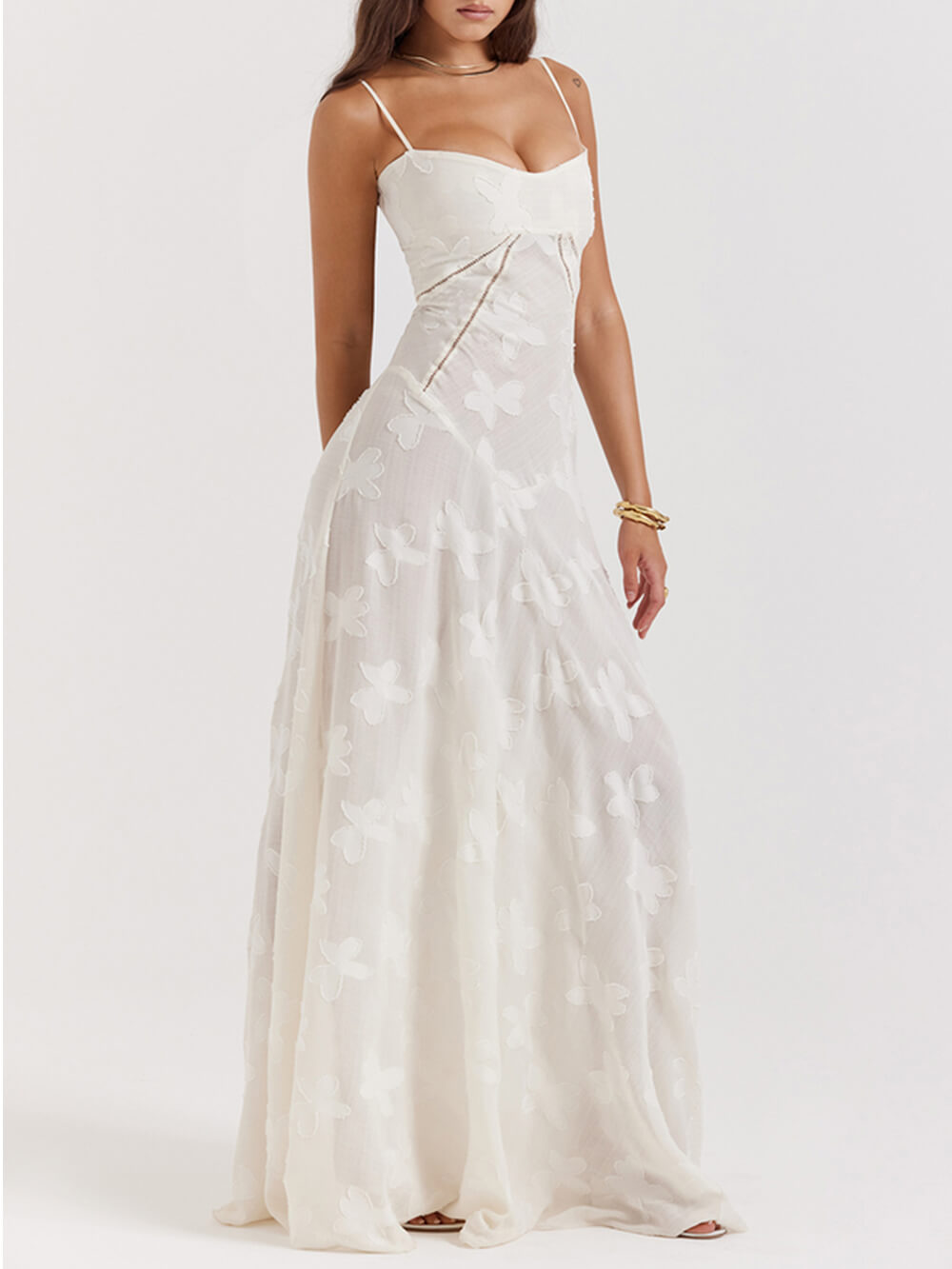 Vintage Cream Floral Lace Back Maxi Dress - Airnori