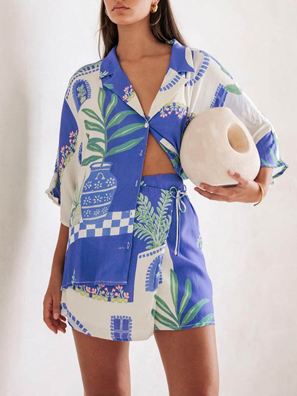 Resort - Unique Print Loose Shirt & Elastic Waist Skirt Set