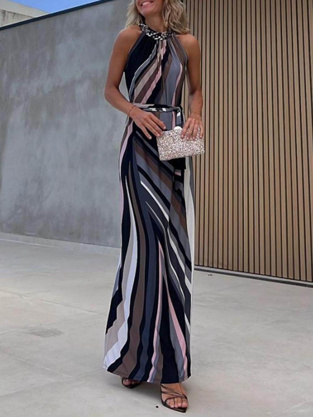 Isla - Gradient Striped Halterneck Maxi Dress