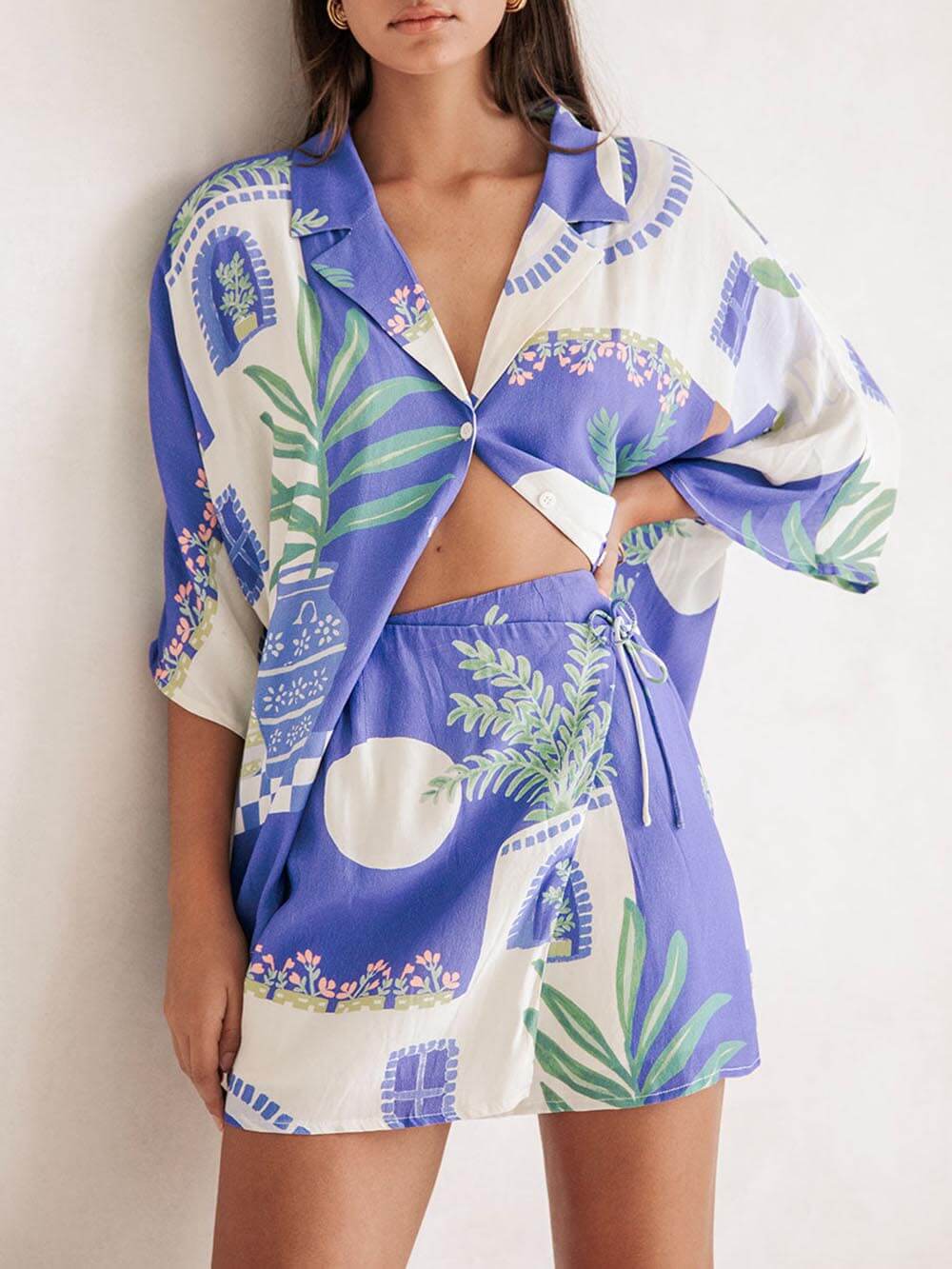 Resort - Unique Print Loose Shirt & Elastic Waist Skirt Set