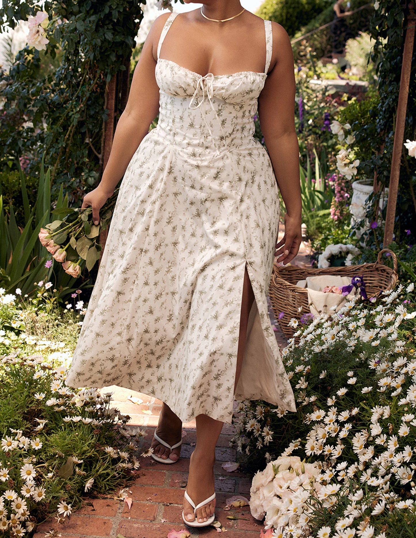 Floral Bustier Slip Dress with Thigh Slit