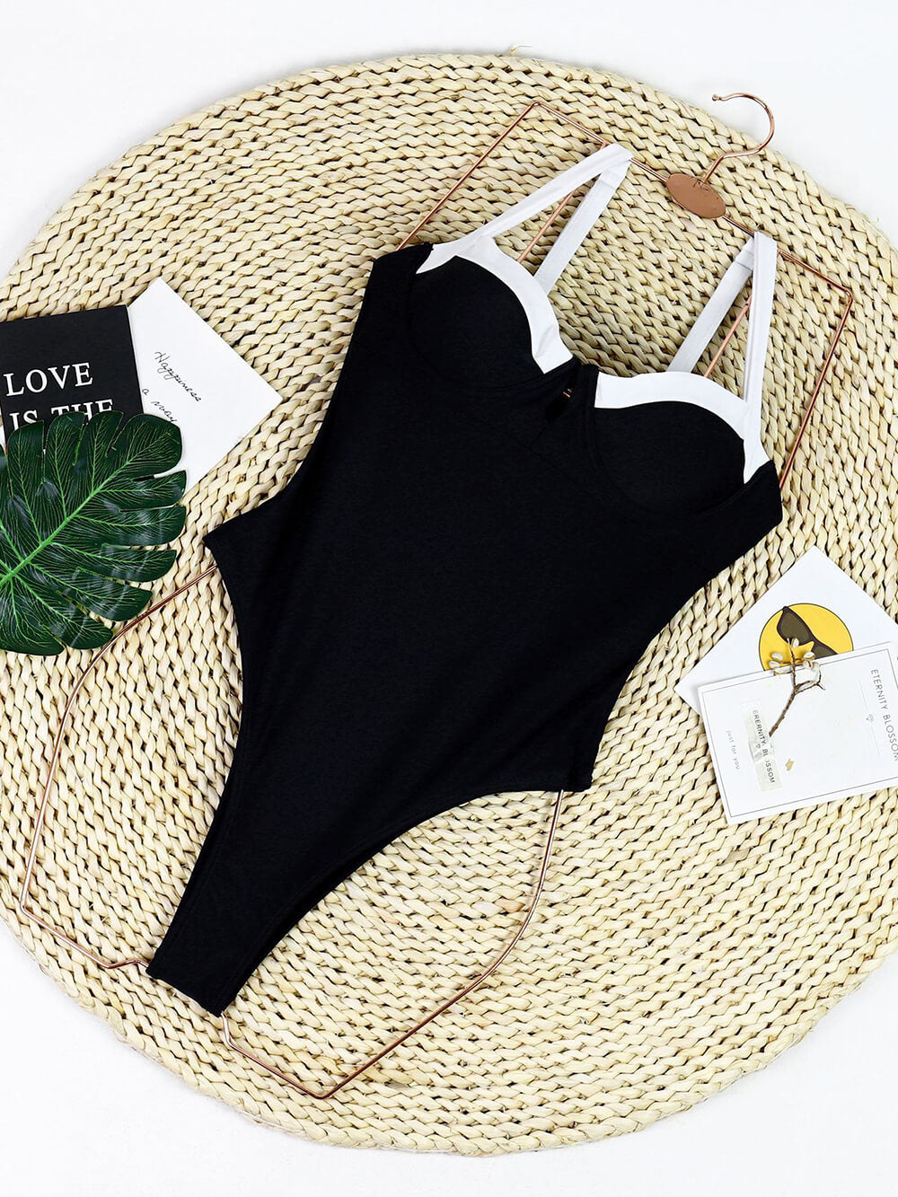 Monochrome Elegance - U-Neck Patchwork One-Piece Swimsuit