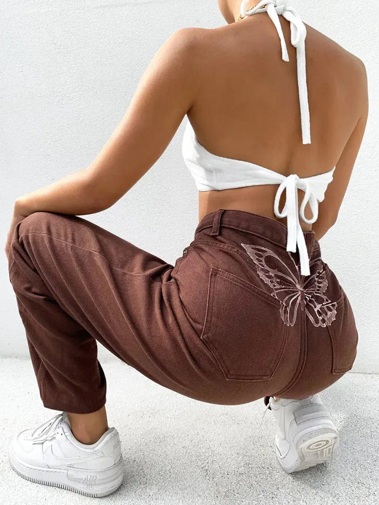 Butterfly Muse High-Waisted Artistic Denim Pants