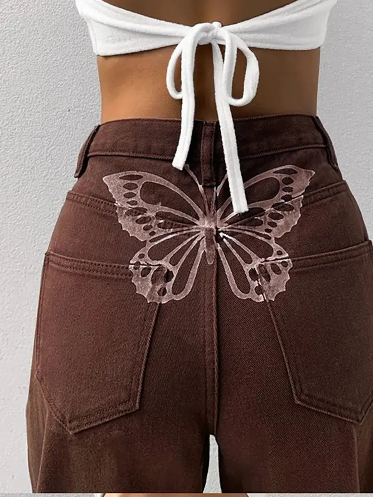 Butterfly Muse High-Waisted Artistic Denim Pants