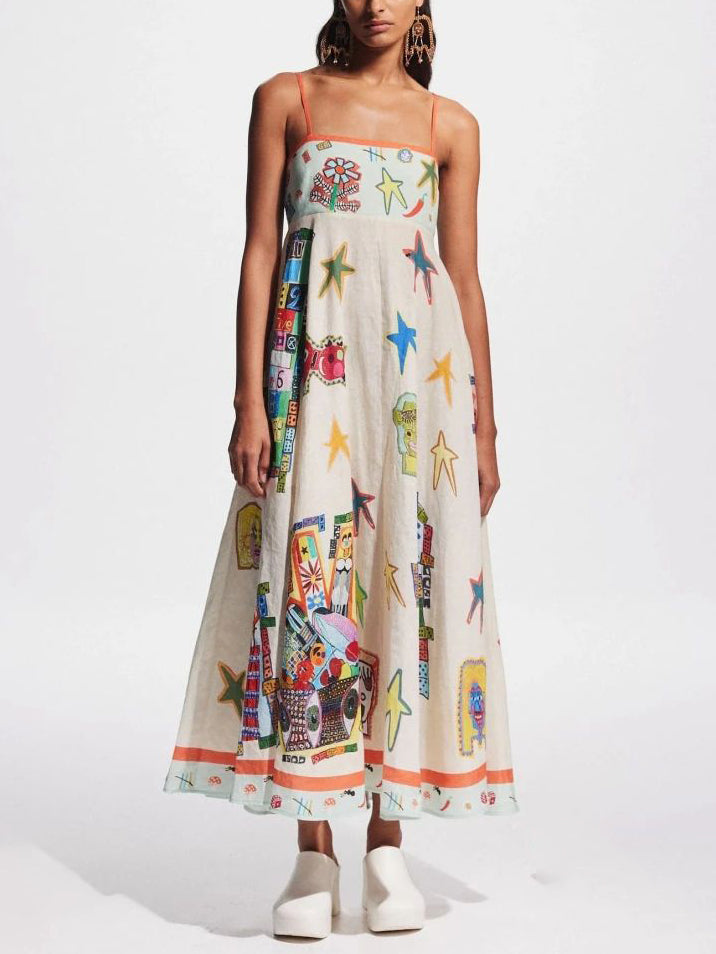 Unique Graffiti Print Suspenders Long Swing Maxi Dress - Airnori