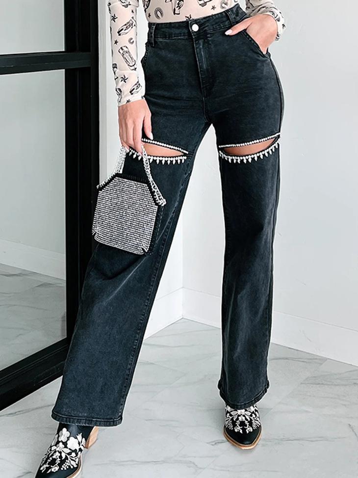 Crystal Chic Distressed Straight-Leg Statement Jeans