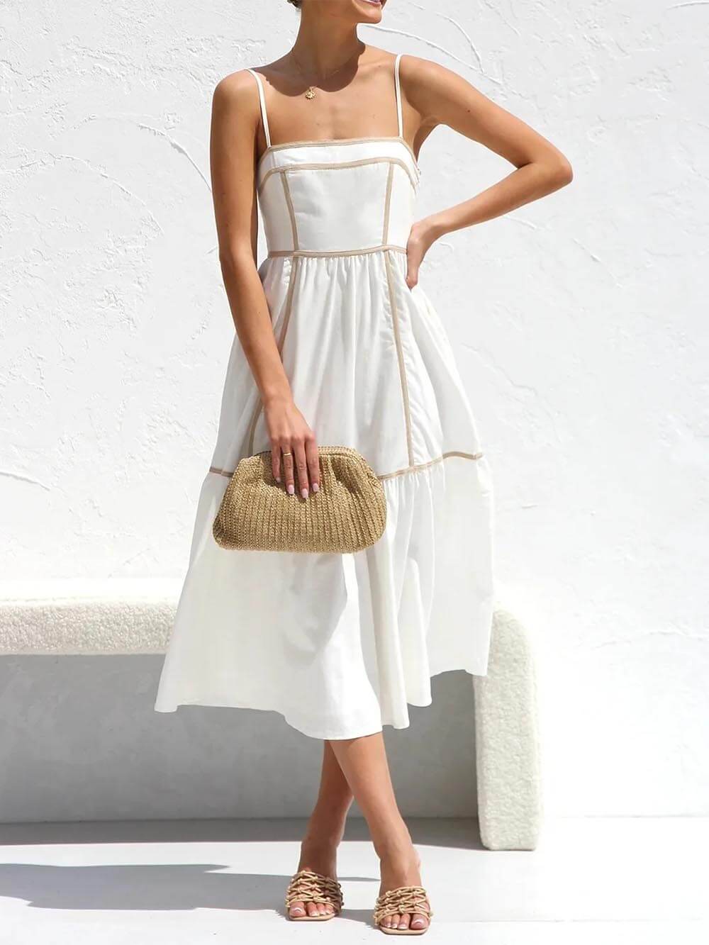 Chic Contrast Trim Adjustable Midi Dress