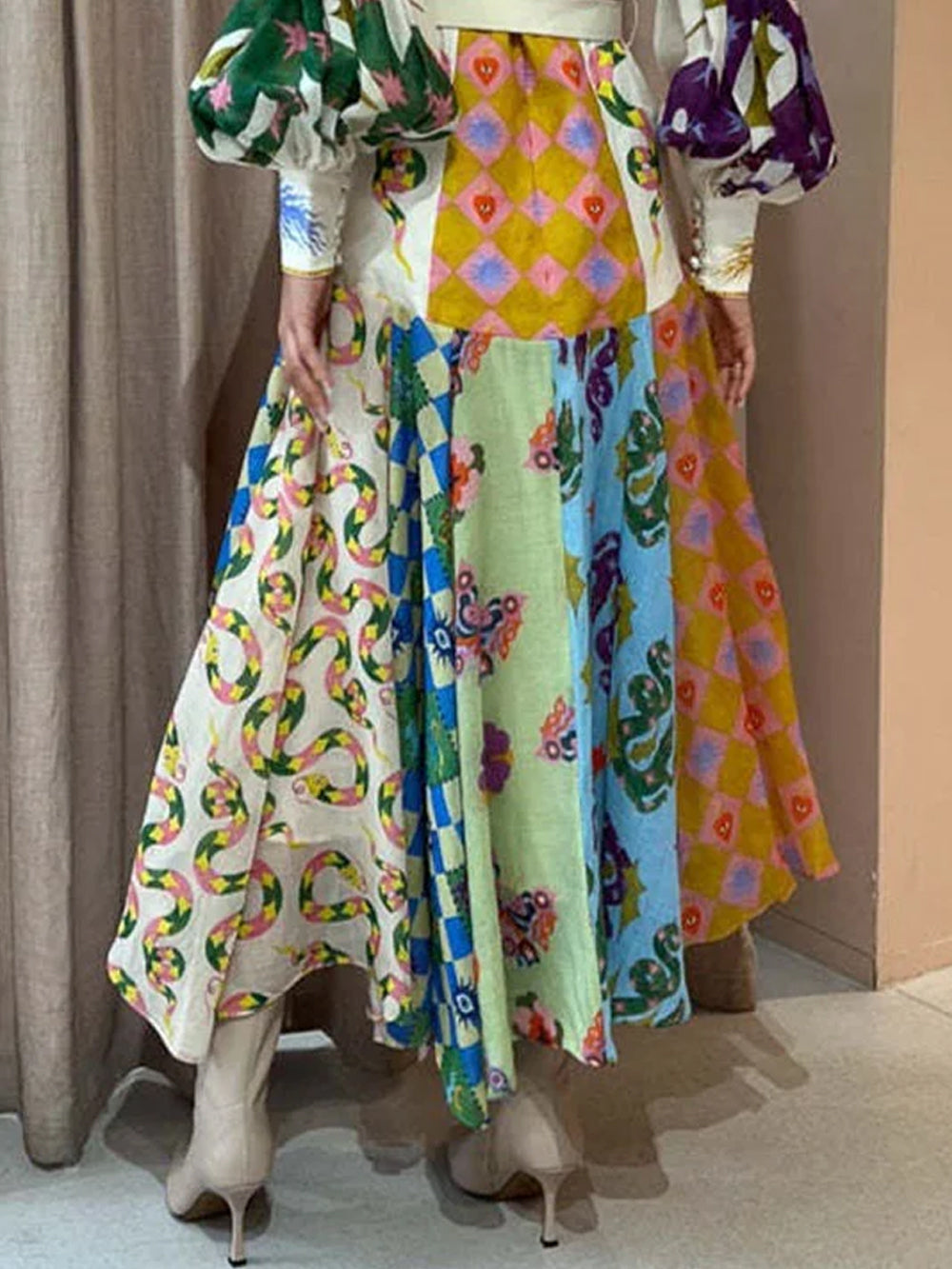 Fashion Graffiti Balloon Sleeve Long Irregular Dress - Airnori