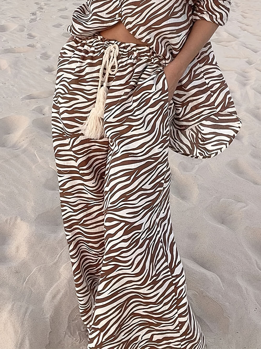 Button Collar Zebra Print - Relaxed Fit Drawstring Pants Set