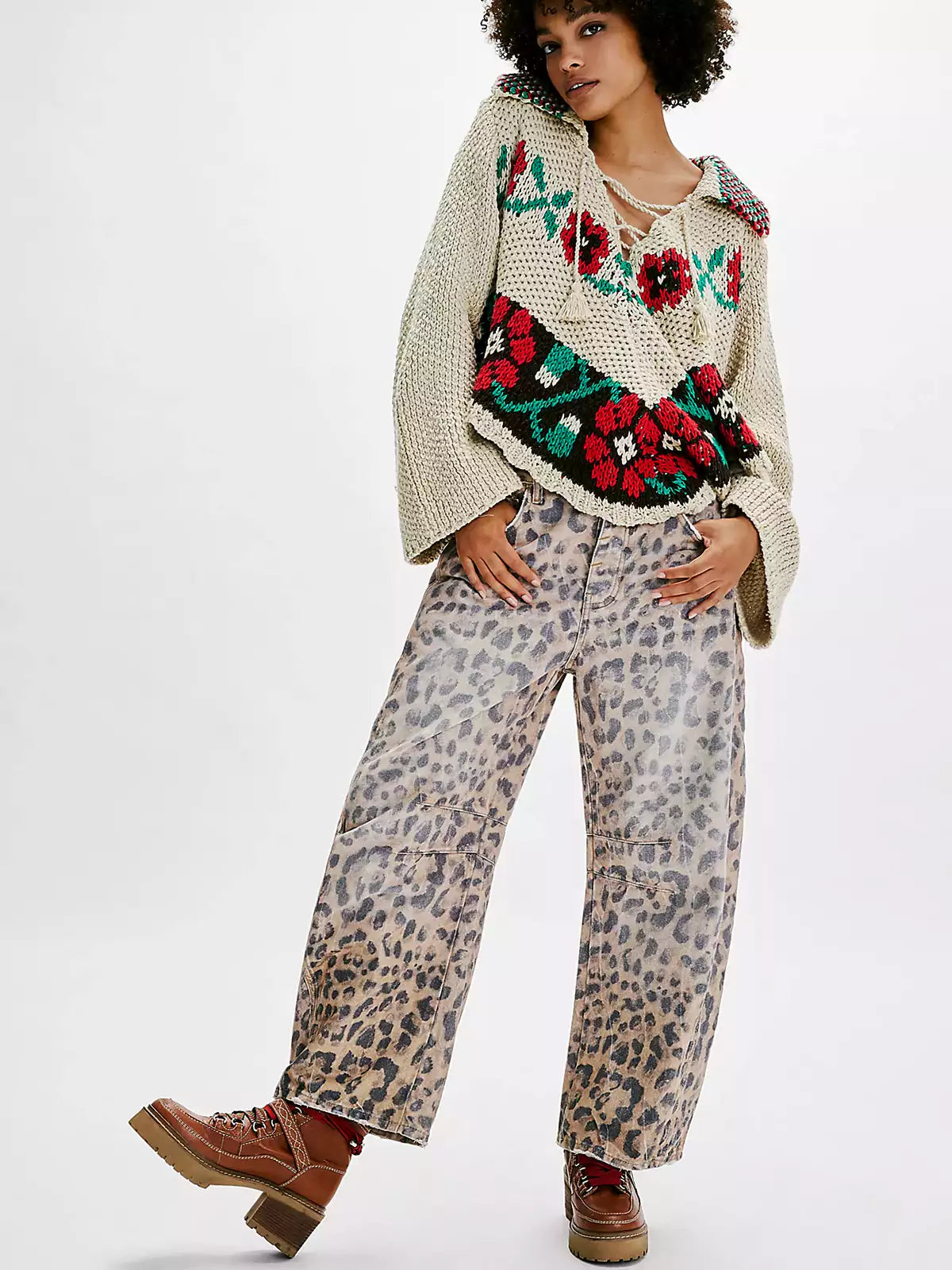Wild Spirit Barrel-Leg Leopard Print Jeans