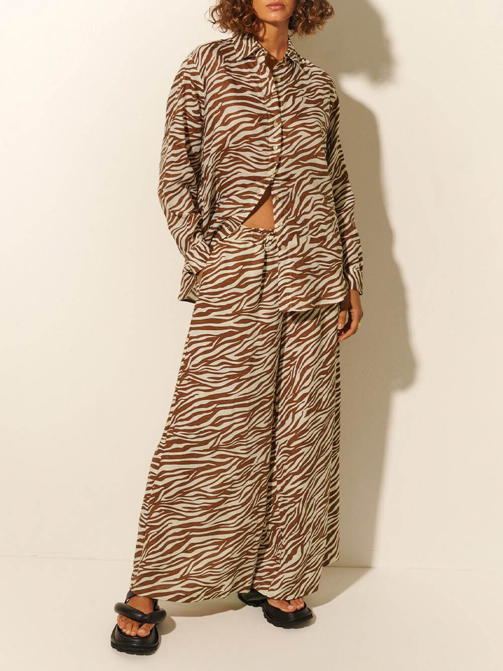 Button Collar Zebra Print - Relaxed Fit Drawstring Pants Set