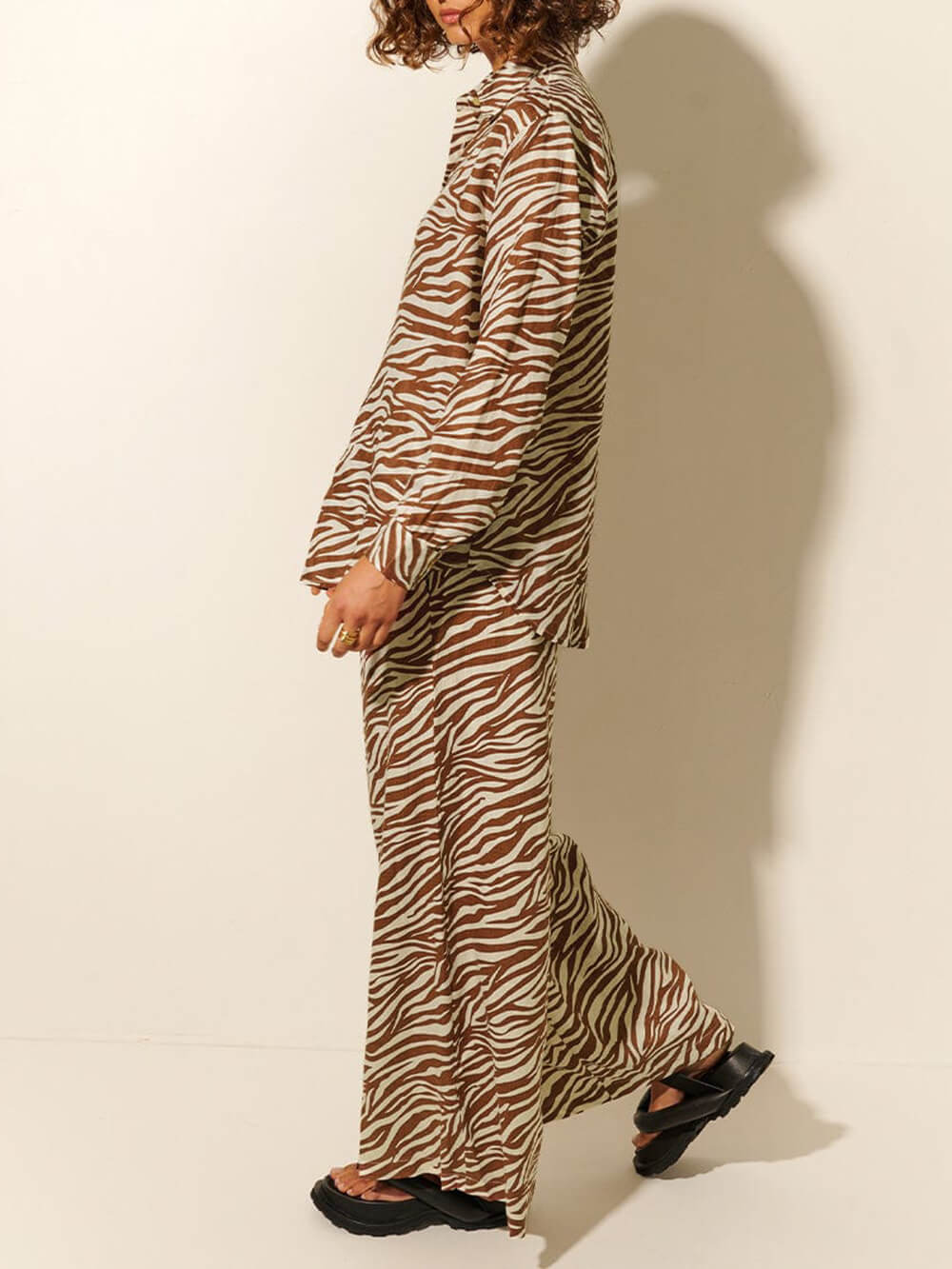 Button Collar Zebra Print - Relaxed Fit Drawstring Pants Set