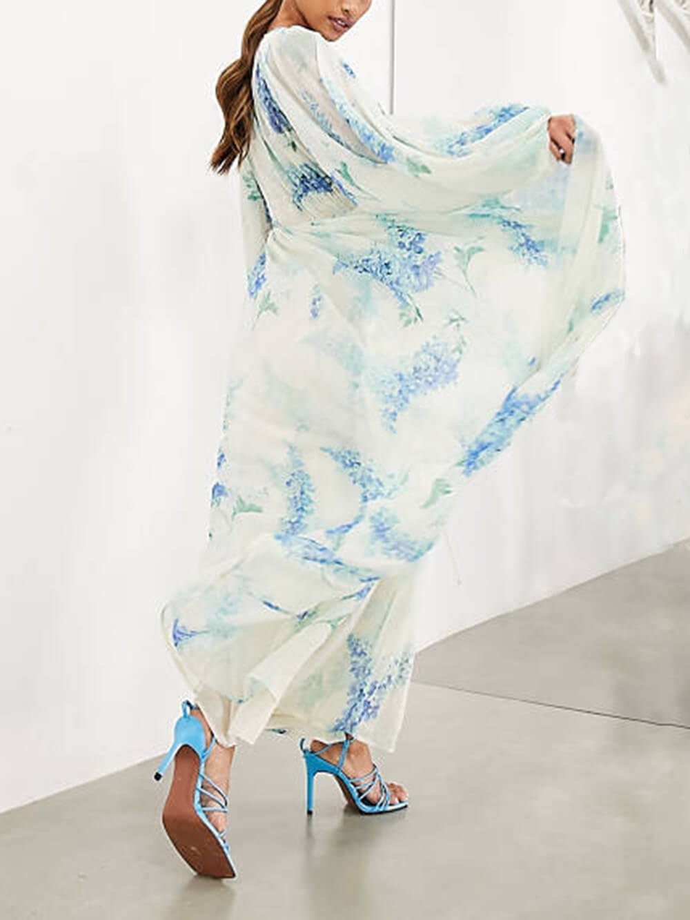 Ocean Flower Chiffon Floral Drawstring Waist Maxi Dress - Airnori