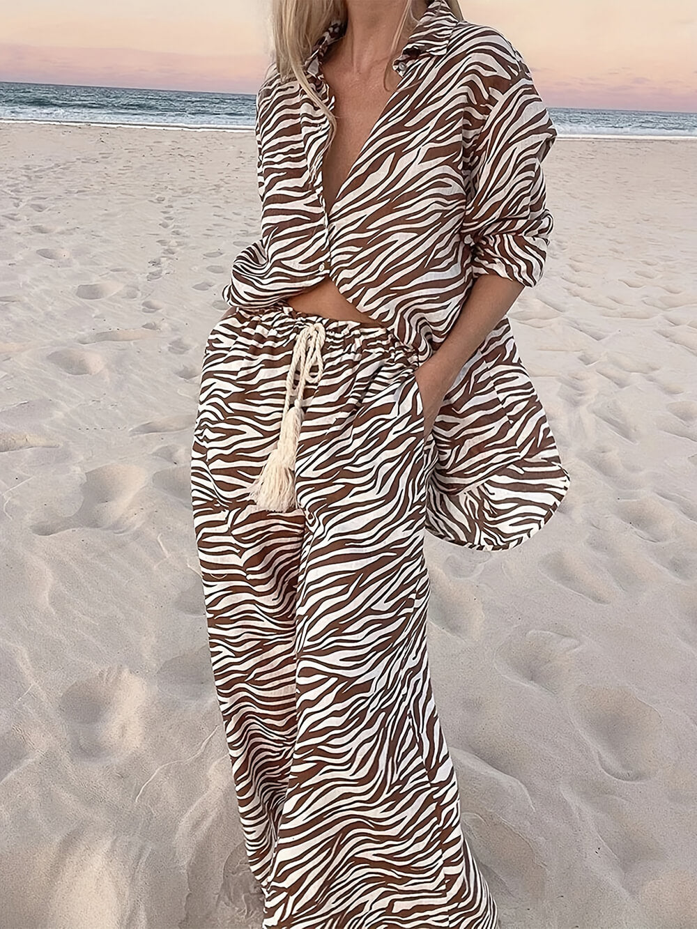 Button Collar Zebra Print - Relaxed Fit Drawstring Pants Set