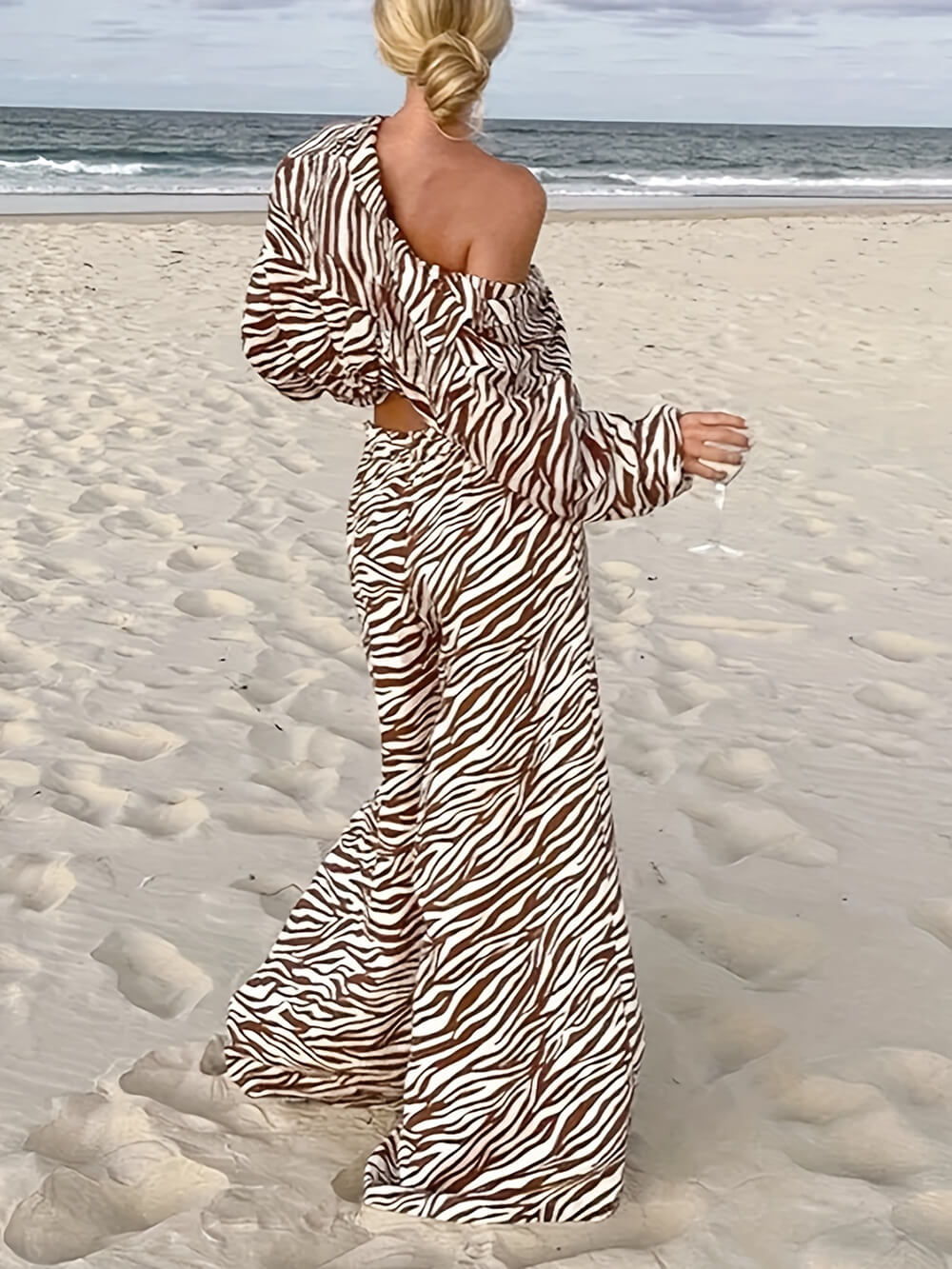 Button Collar Zebra Print - Relaxed Fit Drawstring Pants Set