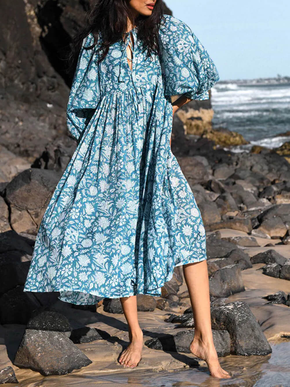 Luxe Garden Charm Midi Dress - Balloon Sleeves