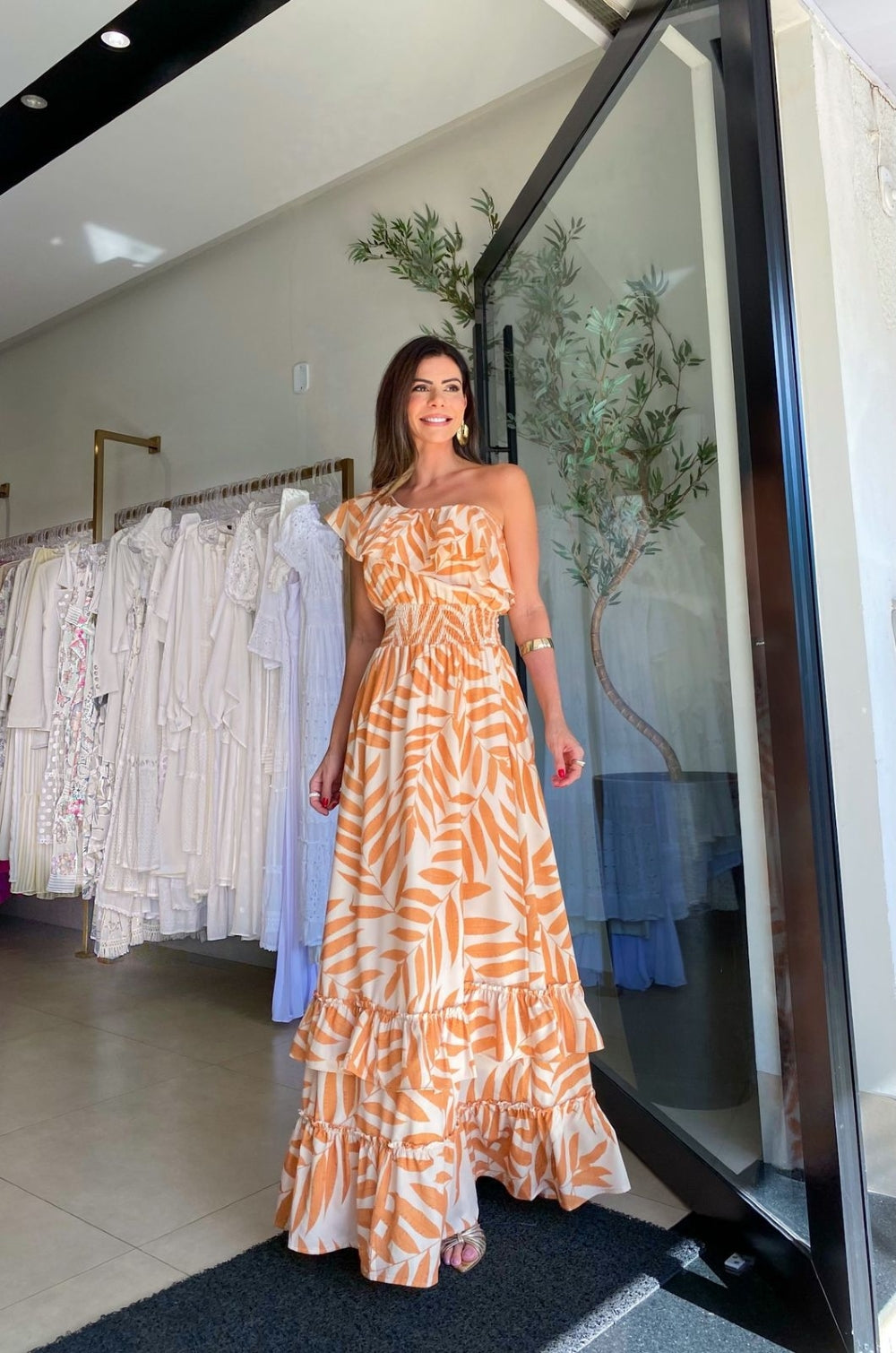 One Sleeve Palm Printed Self-Tie Tiered Maxi Dress - Airnori