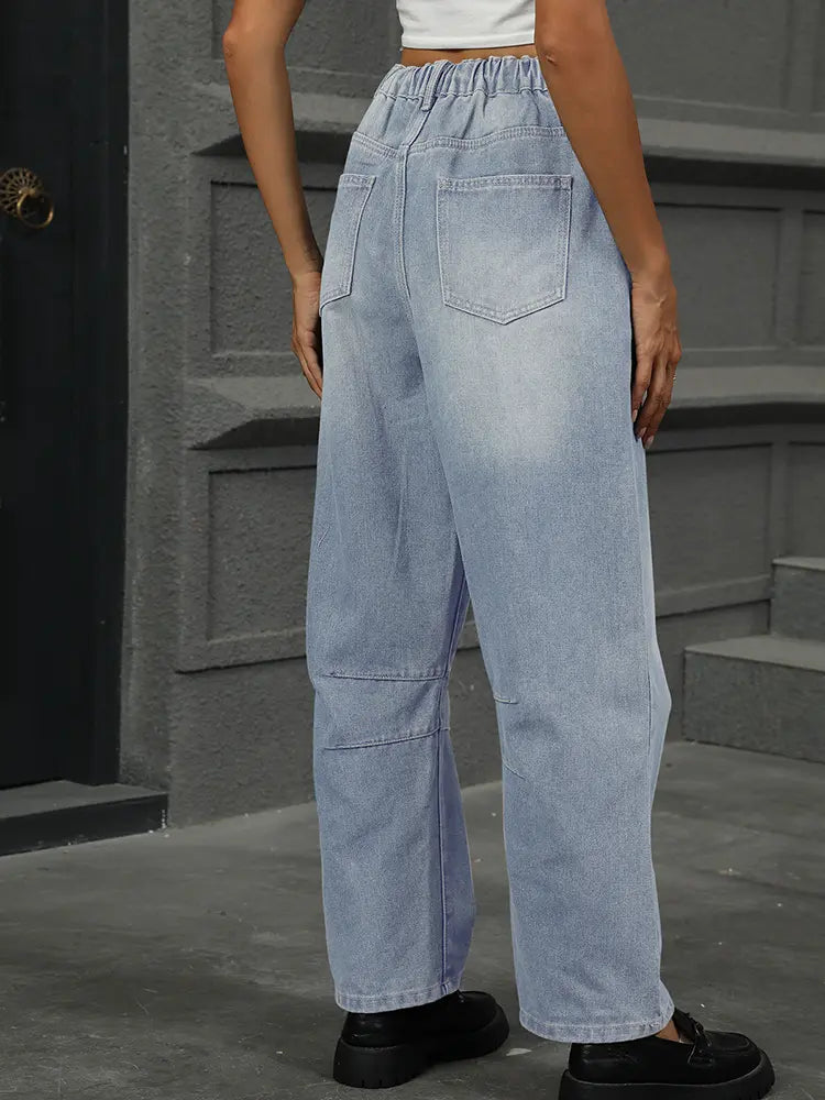 Cropped Vintage Wash Harem Jeans with Elastic Waist