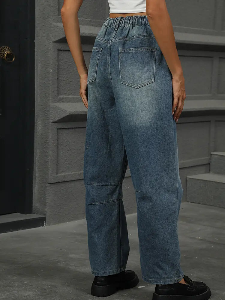 Cropped Vintage Wash Harem Jeans with Elastic Waist