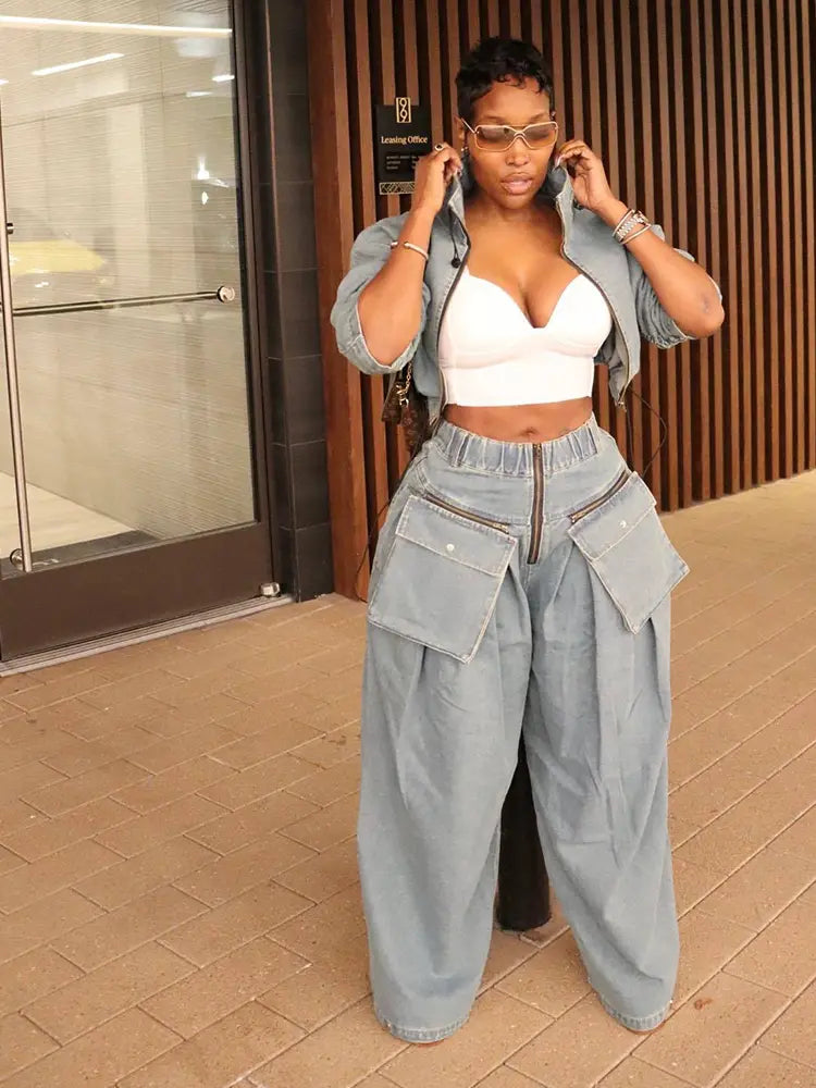 Retro-Chic Wide-Leg Denim Set