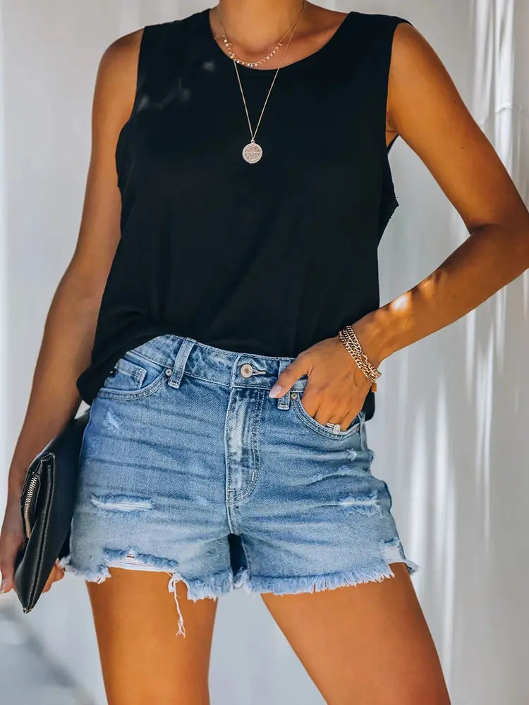 Harper - Rolled Hem Ripped Denim Shorts