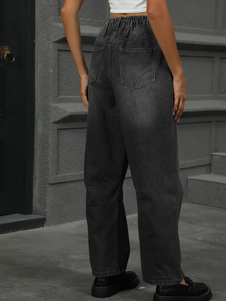 Cropped Vintage Wash Harem Jeans with Elastic Waist