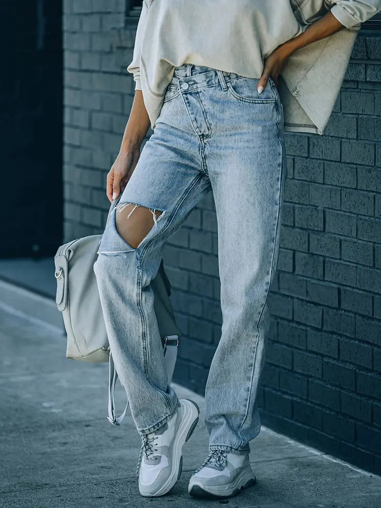 Harper - Asymmetric Ripped Relaxed Denim Jeans