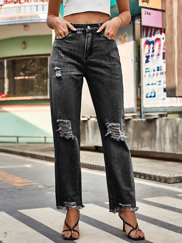 Premium Ripped Straight-Leg Denim Pants