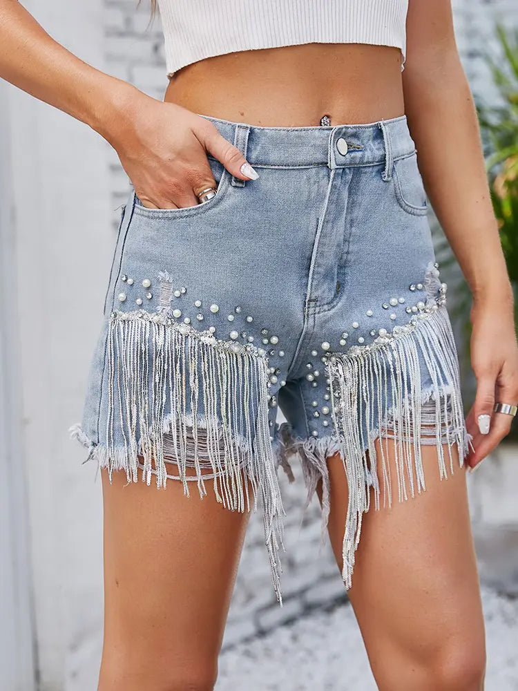 Glam Fringe Rhinestone Denim Shorts