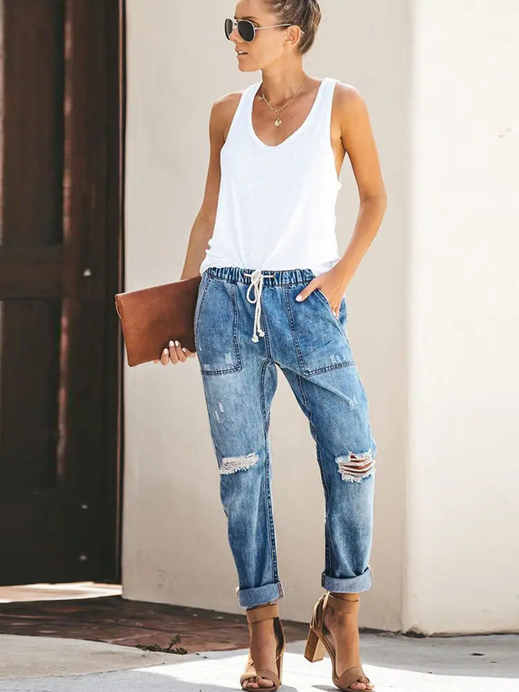 Autumn - Drawstring Ripped Relaxed Denim Pants