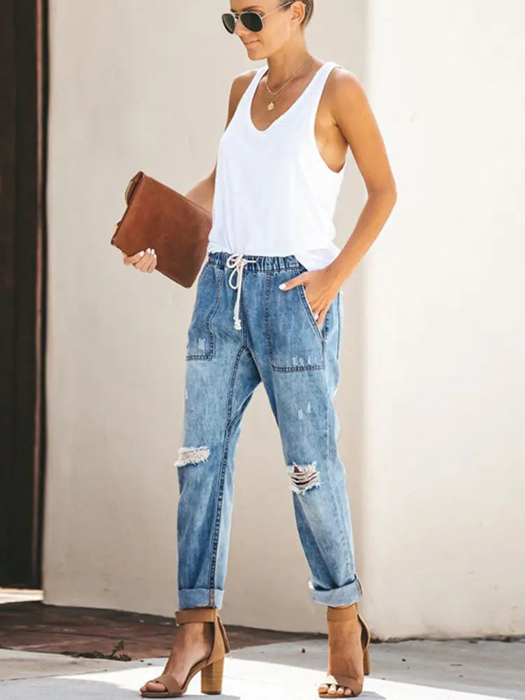 Autumn - Drawstring Ripped Relaxed Denim Pants