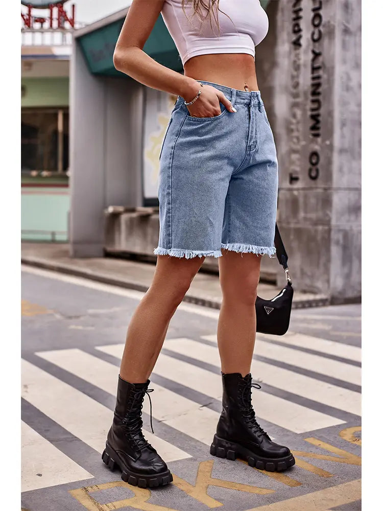 Classic Frayed Hem Denim Shorts