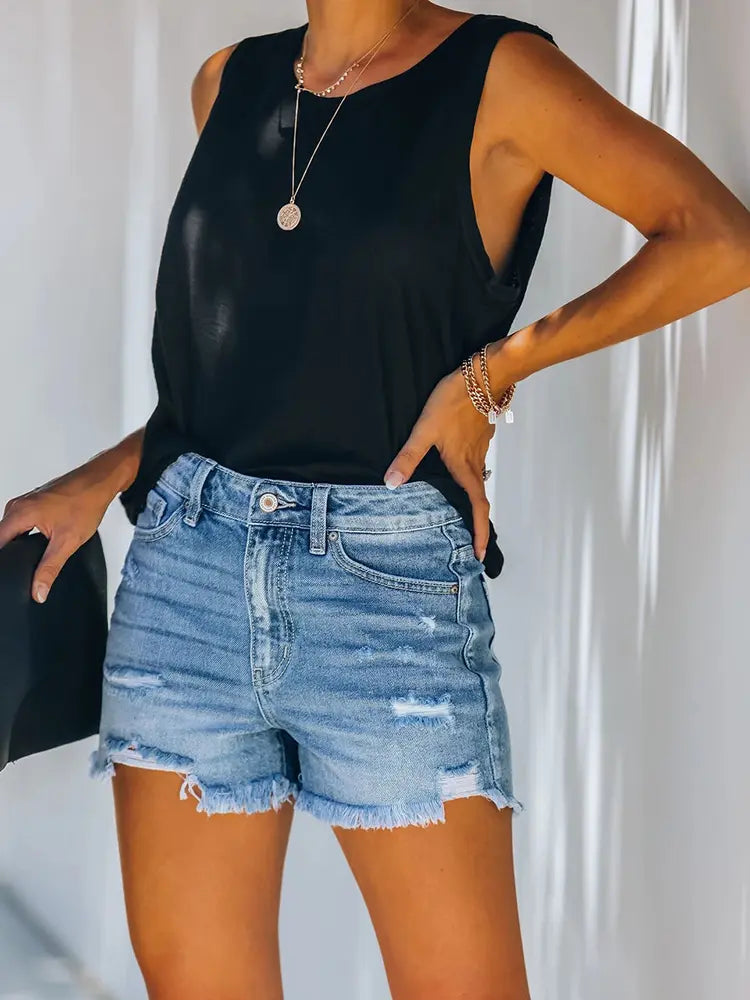 Harper - Rolled Hem Ripped Denim Shorts
