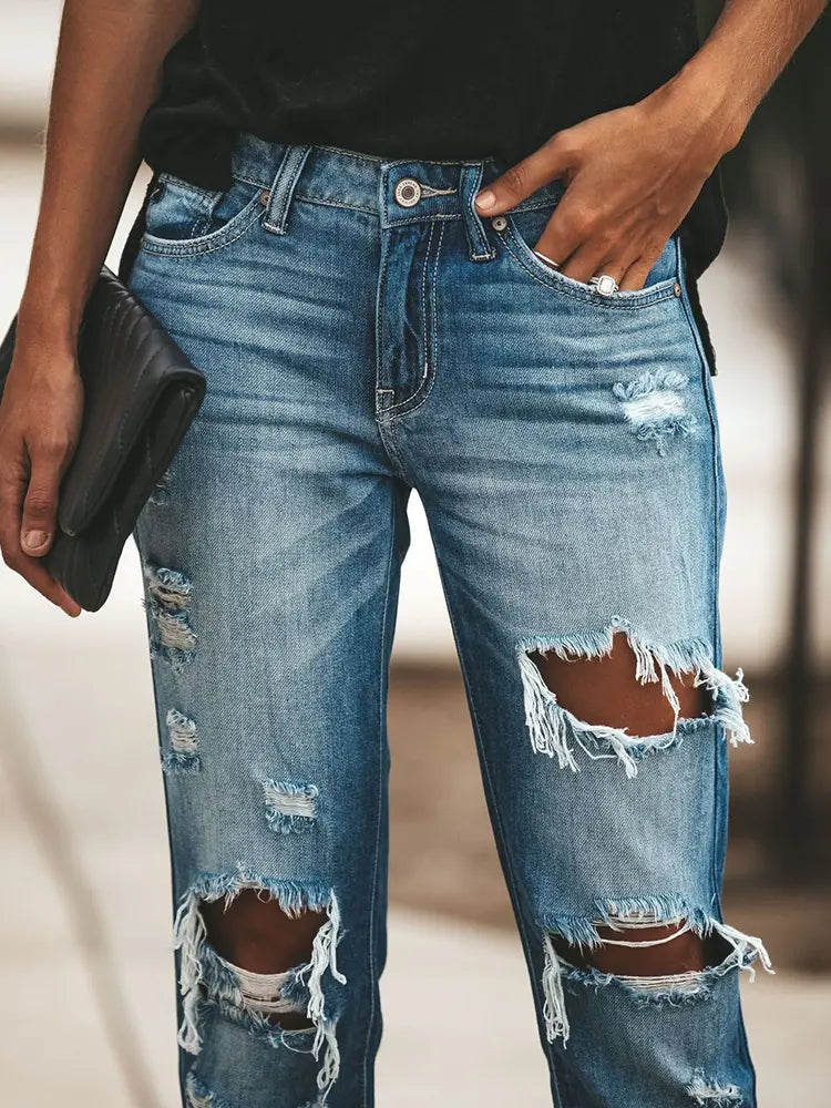 Downtown Distressed Straight-Leg Jeans