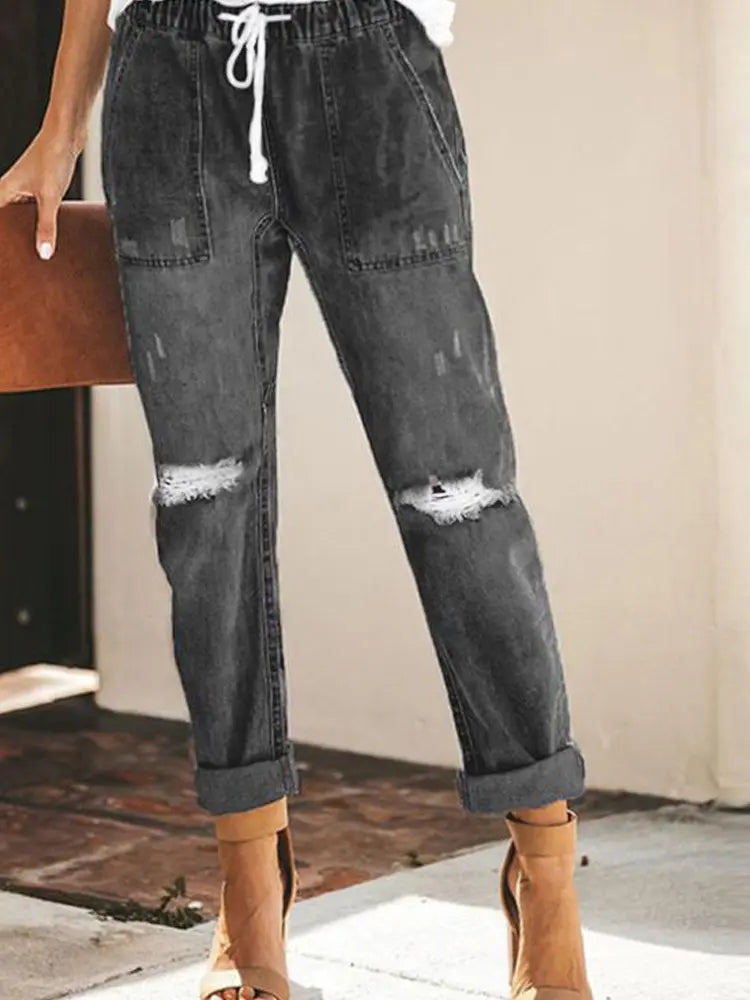 Autumn - Drawstring Ripped Relaxed Denim Pants