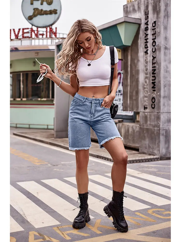 Classic Frayed Hem Denim Shorts