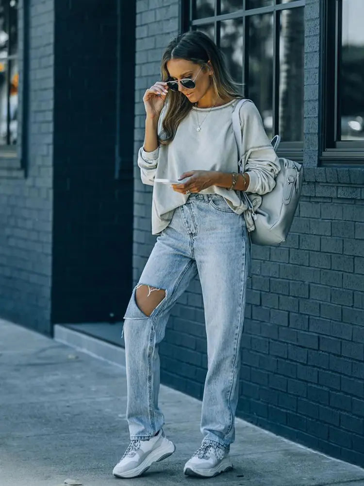 Harper - Asymmetric Ripped Relaxed Denim Jeans