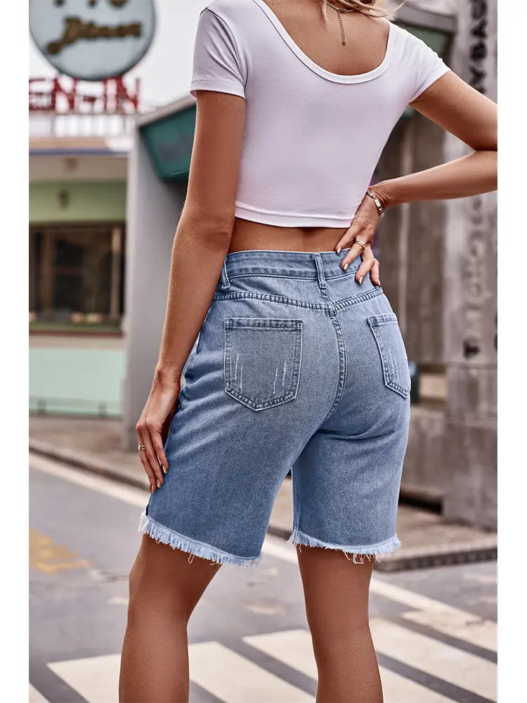 Classic Frayed Hem Denim Shorts