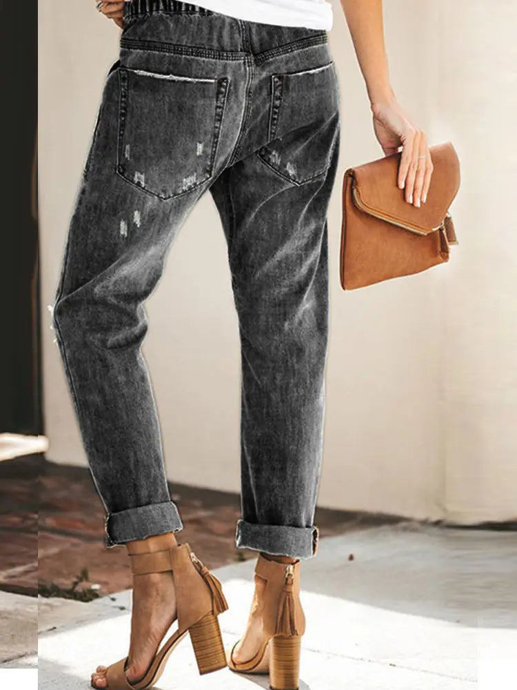 Autumn - Drawstring Ripped Relaxed Denim Pants