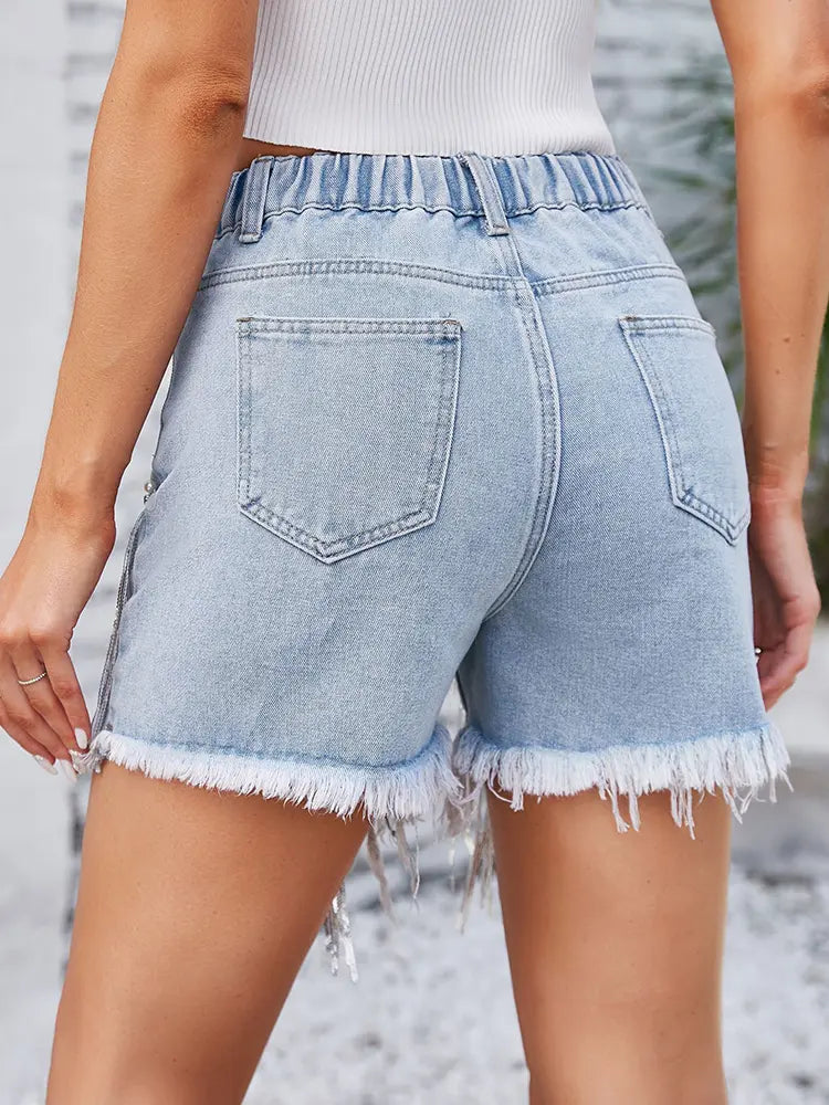 Glam Fringe Rhinestone Denim Shorts