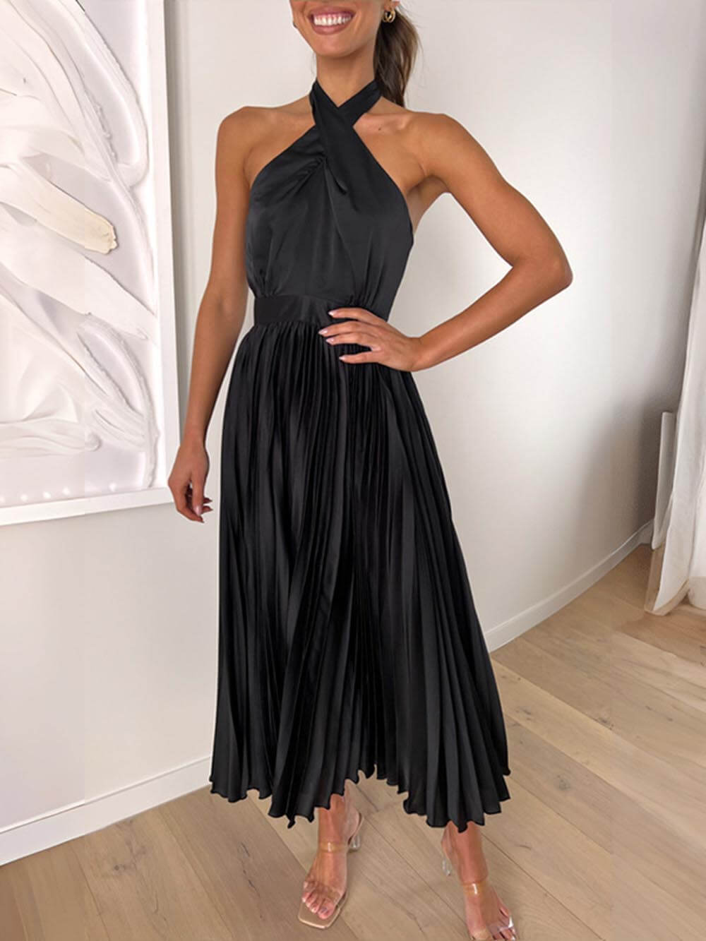 Sophisticated Chic - Pleated Neckline Vacation Party Midi Dress
