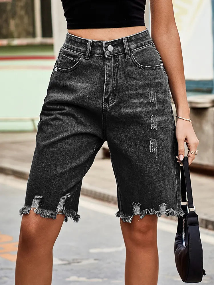 Fringe Hem High-Rise Denim Shorts