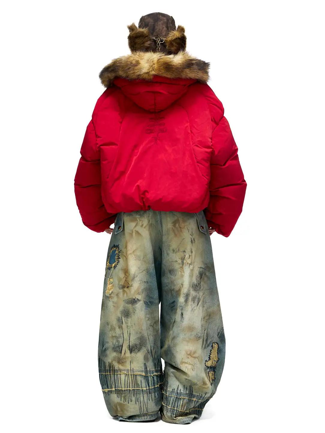 Plato-Dyed Curved Zipper Street Jeans