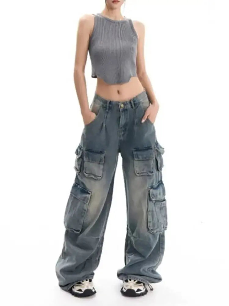 Urban Explorer Multi-Pocket Wide-Leg Denim Pants